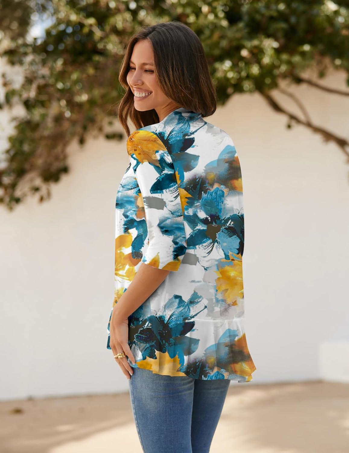 imageZeagoo Womens Open Front Cardigan 34 Sleeve Draped Ruffles Soft Knit Sweaters S3XLTye Dye Flower