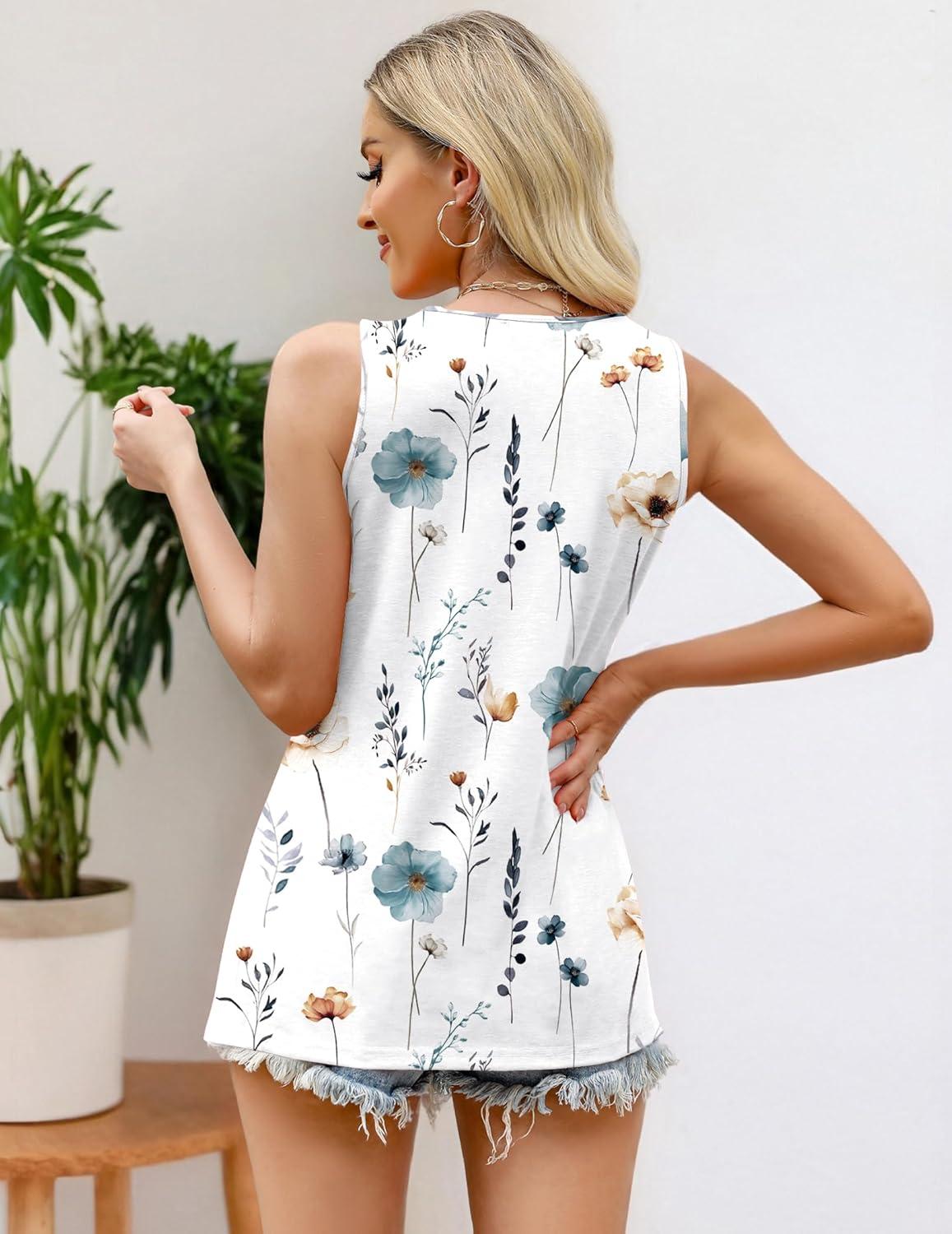imageZeagoo Womens Summer Tank Tops 2026 Pleated Crew Neck Floral Solid Loose Fit Casual Sleeveless Flowy Boho Tunic ShirtsAblue Flower