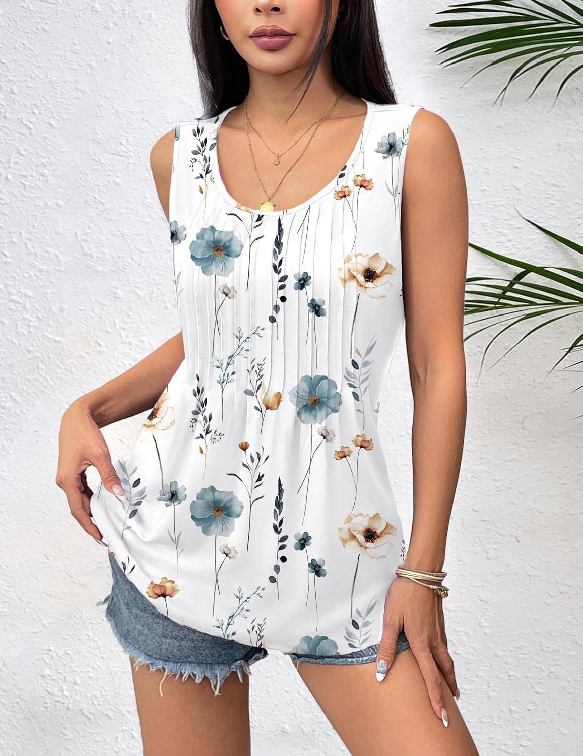 imageZeagoo Womens Summer Tank Tops 2026 Pleated Crew Neck Floral Solid Loose Fit Casual Sleeveless Flowy Boho Tunic ShirtsAblue Flower