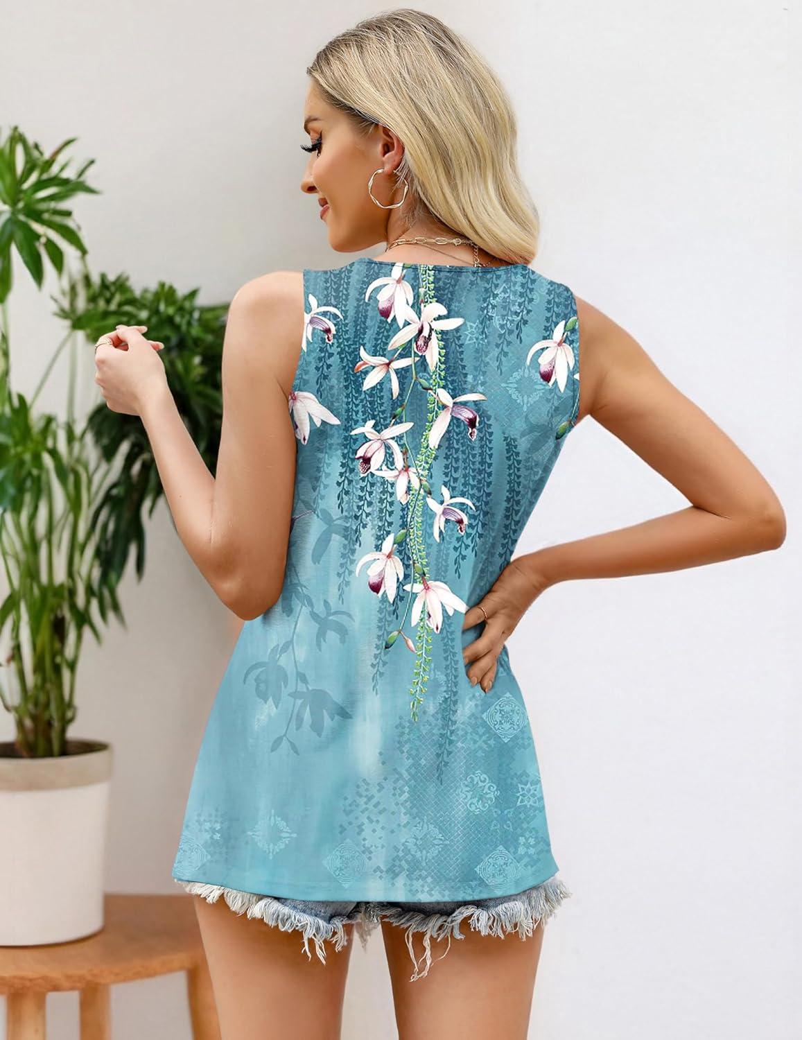 imageZeagoo Womens Summer Tank Tops 2026 Pleated Crew Neck Floral Solid Loose Fit Casual Sleeveless Flowy Boho Tunic ShirtsBf202