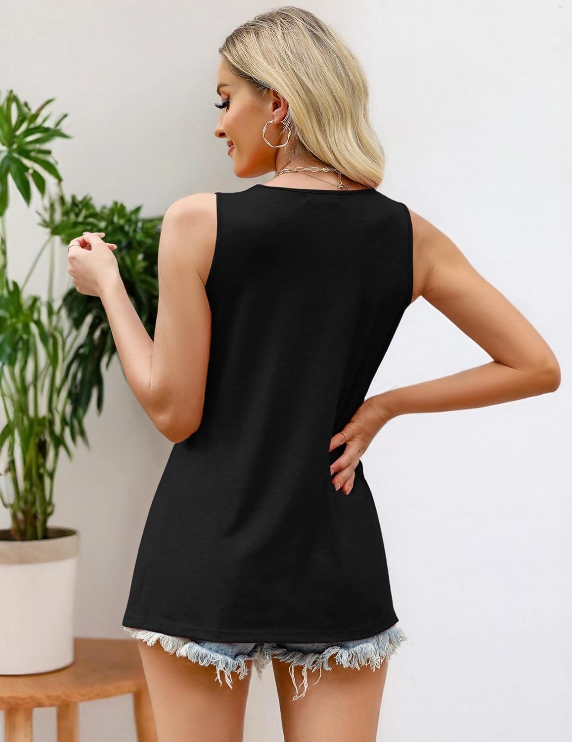 imageZeagoo Womens Summer Tank Tops 2026 Pleated Crew Neck Floral Solid Loose Fit Casual Sleeveless Flowy Boho Tunic ShirtsBlack