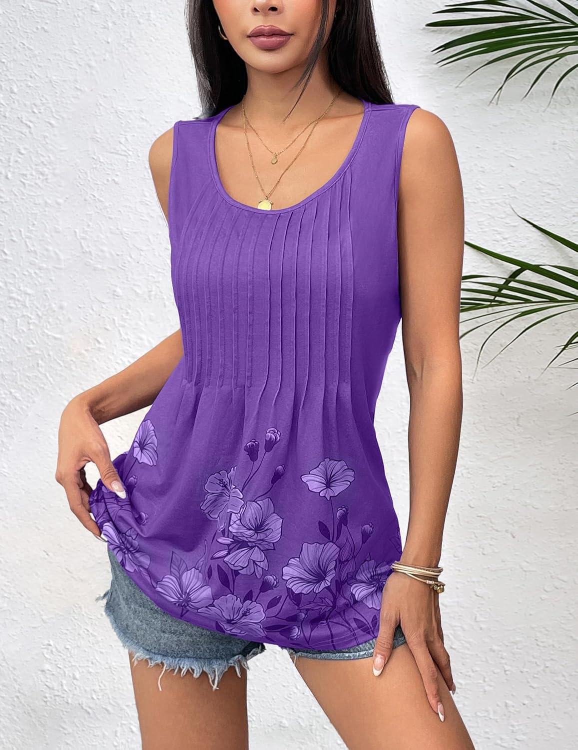 imageZeagoo Womens Summer Tank Tops 2026 Pleated Crew Neck Floral Solid Loose Fit Casual Sleeveless Flowy Boho Tunic ShirtsFloral Purple Printed