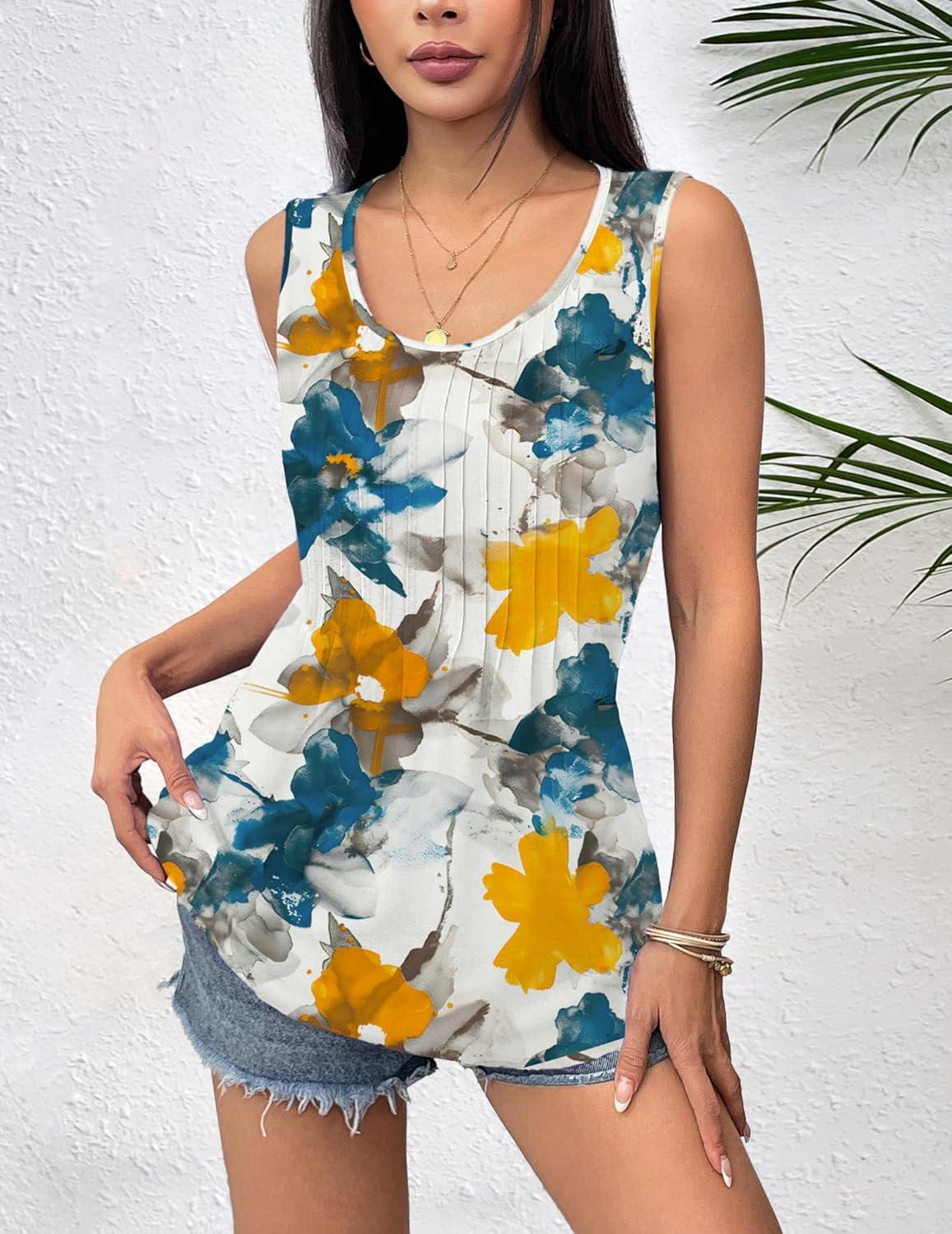 imageZeagoo Womens Summer Tank Tops 2026 Pleated Crew Neck Floral Solid Loose Fit Casual Sleeveless Flowy Boho Tunic ShirtsFloral Tye Dye