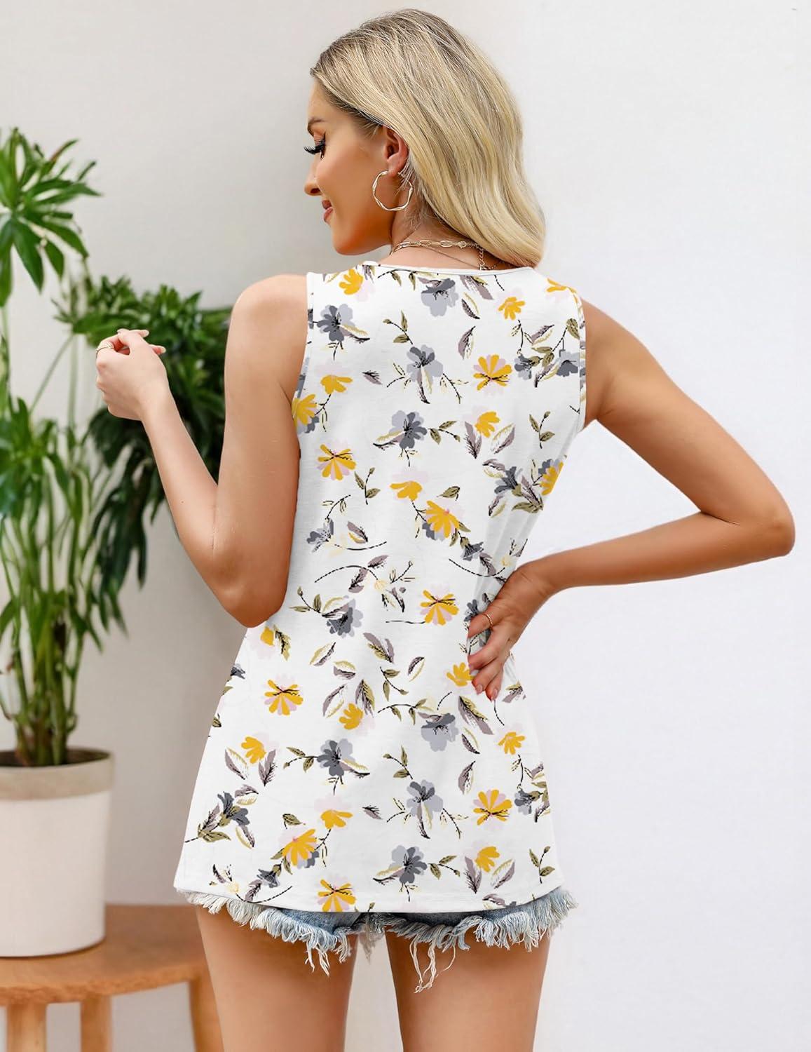 imageZeagoo Womens Summer Tank Tops 2026 Pleated Crew Neck Floral Solid Loose Fit Casual Sleeveless Flowy Boho Tunic ShirtsFloral Yellow