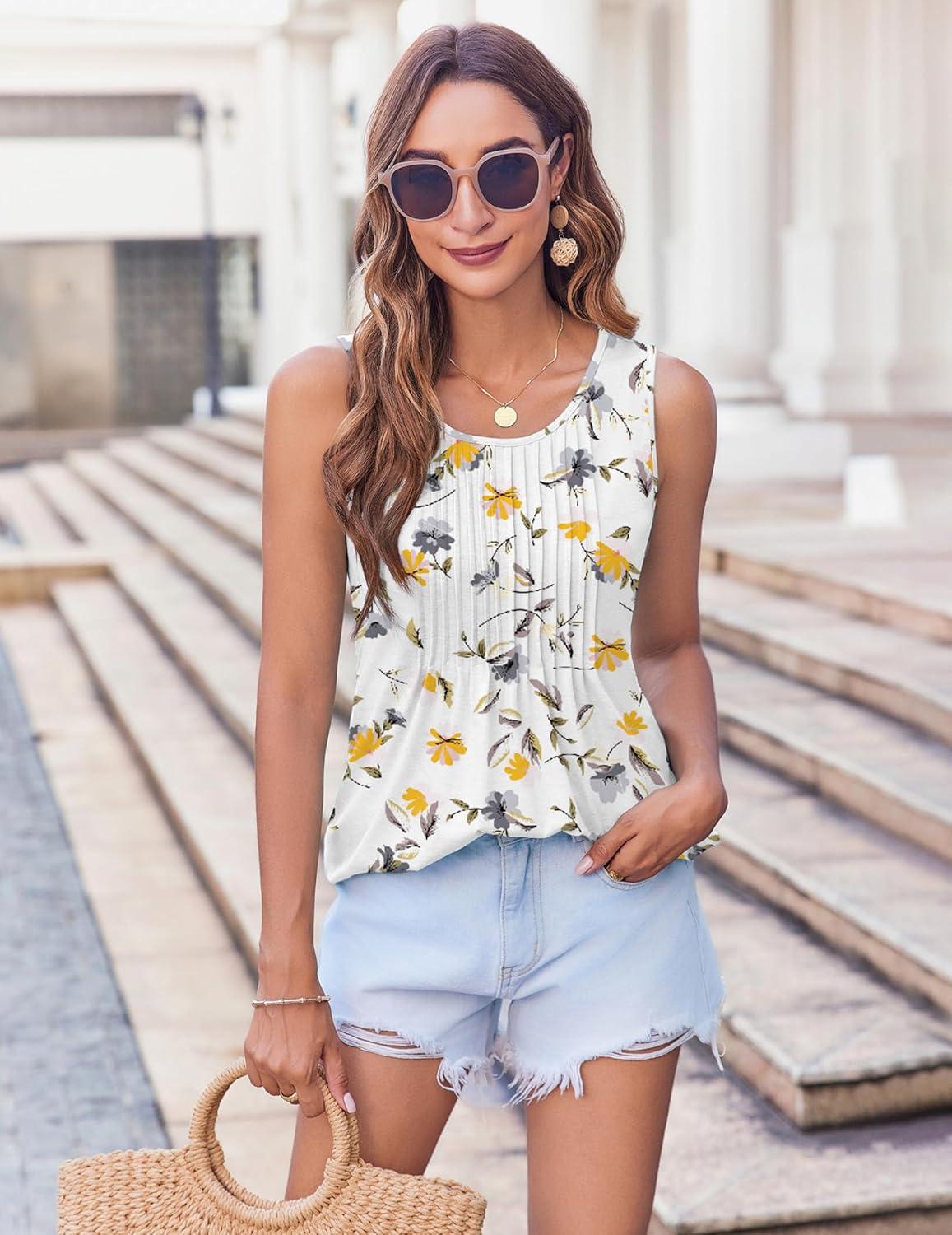 imageZeagoo Womens Summer Tank Tops 2026 Pleated Crew Neck Floral Solid Loose Fit Casual Sleeveless Flowy Boho Tunic ShirtsFloral Yellow