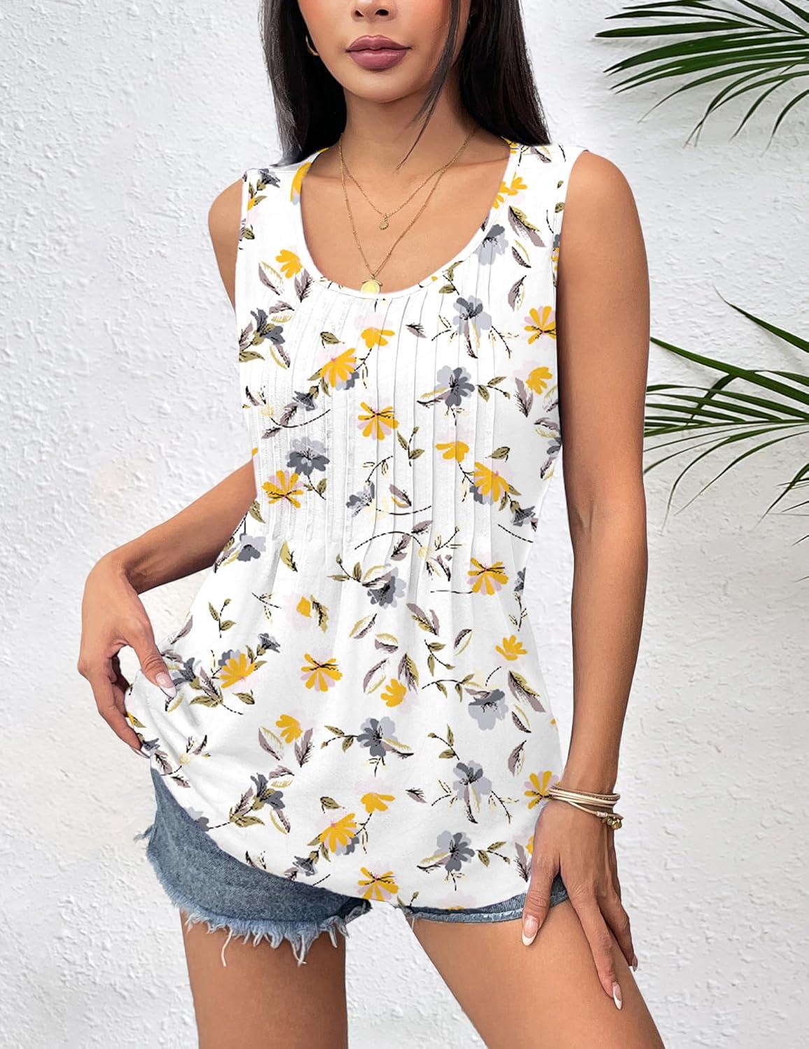 imageZeagoo Womens Summer Tank Tops 2026 Pleated Crew Neck Floral Solid Loose Fit Casual Sleeveless Flowy Boho Tunic ShirtsFloral Yellow