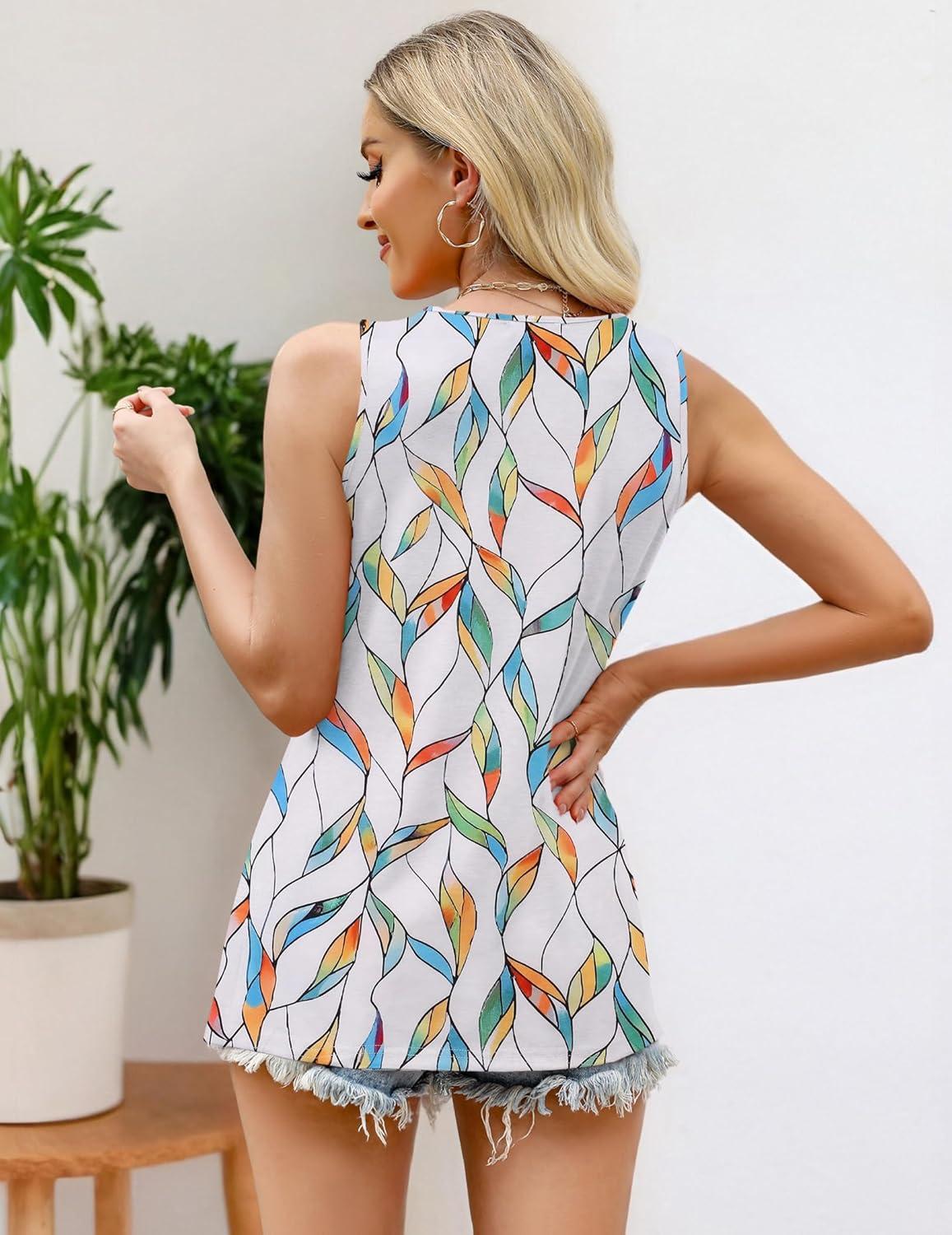 imageZeagoo Womens Summer Tank Tops 2026 Pleated Crew Neck Floral Solid Loose Fit Casual Sleeveless Flowy Boho Tunic ShirtsLeaf Print