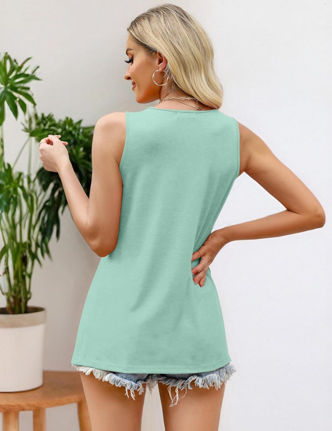 imageZeagoo Womens Summer Tank Tops 2026 Pleated Crew Neck Floral Solid Loose Fit Casual Sleeveless Flowy Boho Tunic ShirtsMint Green