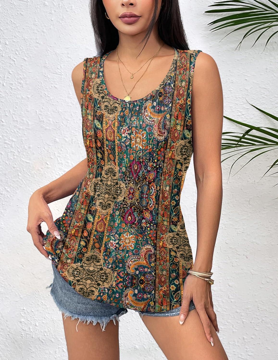 imageZeagoo Womens Summer Tank Tops 2026 Pleated Crew Neck Floral Solid Loose Fit Casual Sleeveless Flowy Boho Tunic ShirtsMz721