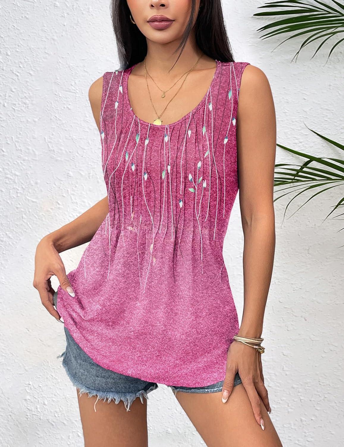 imageZeagoo Womens Summer Tank Tops 2026 Pleated Crew Neck Floral Solid Loose Fit Casual Sleeveless Flowy Boho Tunic ShirtsXh370