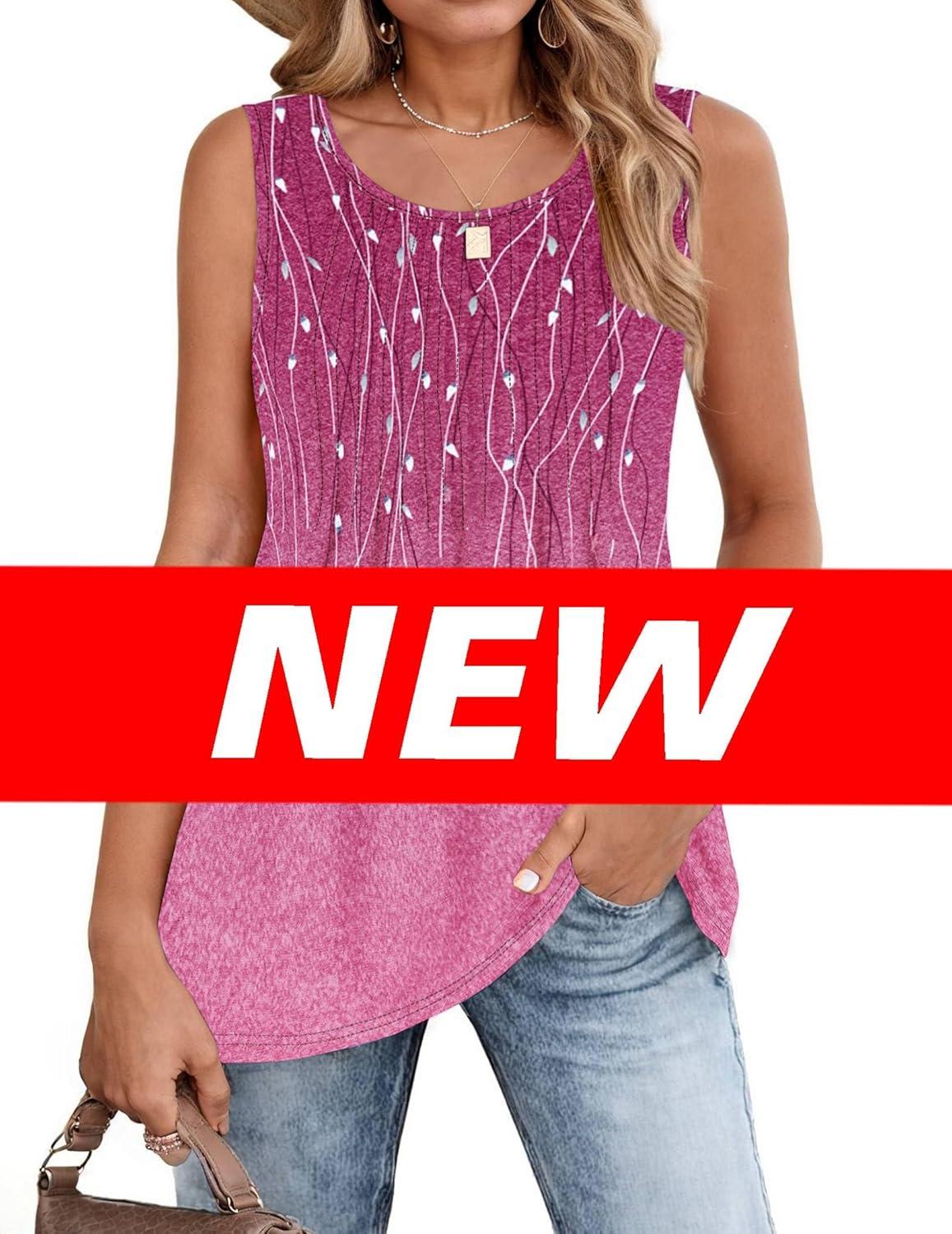 imageZeagoo Womens Summer Tank Tops 2026 Pleated Crew Neck Floral Solid Loose Fit Casual Sleeveless Flowy Boho Tunic ShirtsXh370