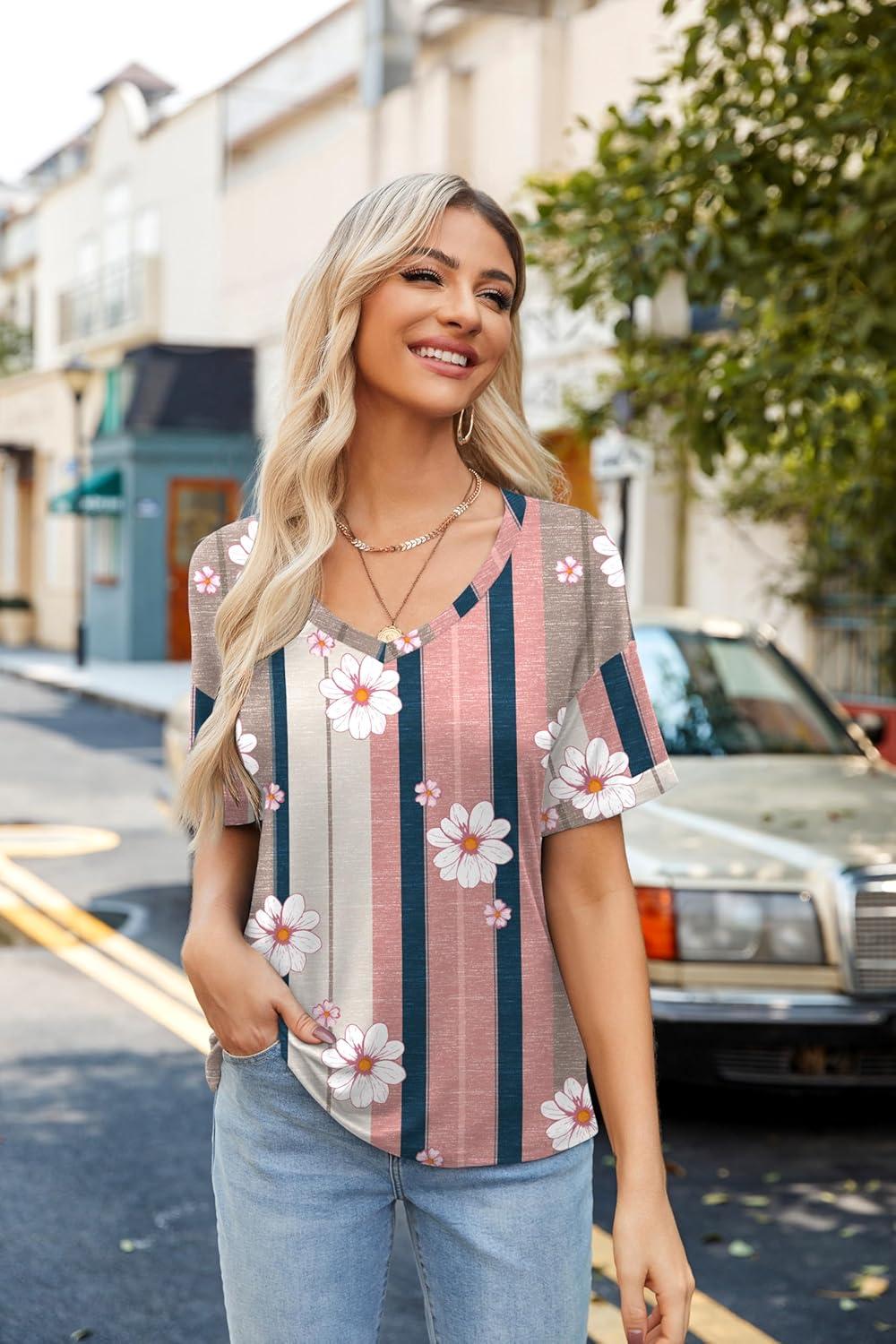 imageZeagoo Womens Summer Tops Short Sleeve Casual Shirts Floral Tee Trendy 2026 Basics V Neck Plain TshirtSf189
