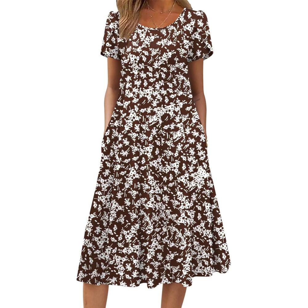imageZEAGOO Womens Casual Dresses for Summer Short Sleeve Flare Midi Dress Loose Flowy Beach Sundress2601 Brown Floral