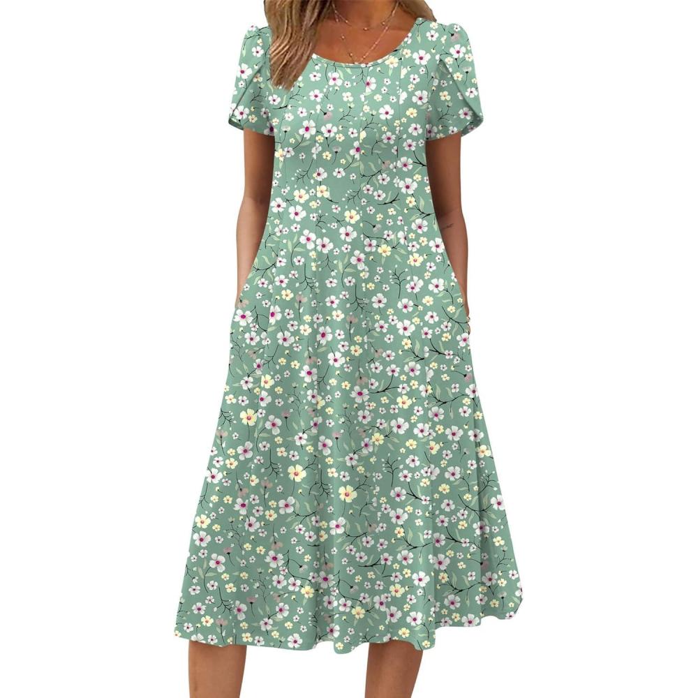imageZEAGOO Womens Casual Dresses for Summer Short Sleeve Flare Midi Dress Loose Flowy Beach Sundress2601 Green Floral