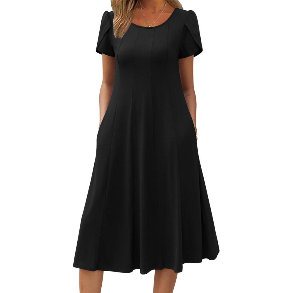 imageZEAGOO Womens Casual Dresses for Summer Short Sleeve Flare Midi Dress Loose Flowy Beach SundressAblack