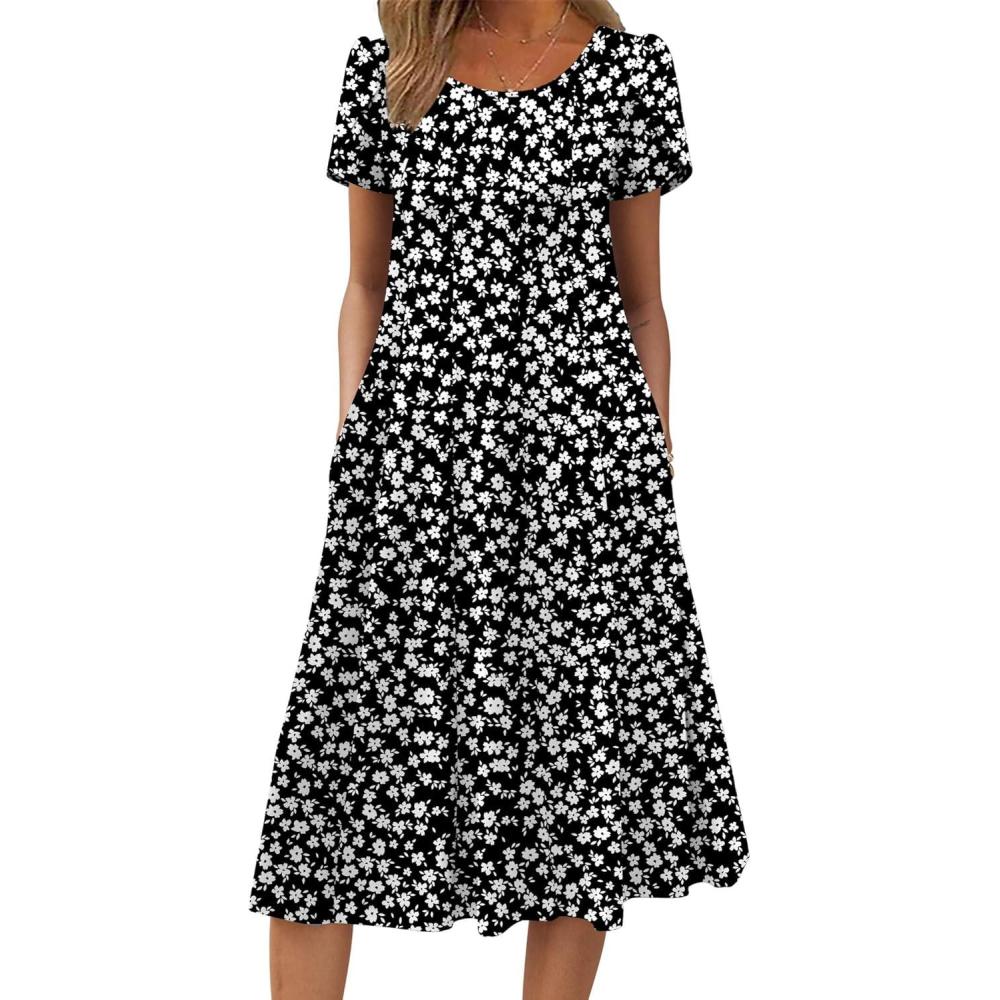imageZEAGOO Womens Casual Dresses for Summer Short Sleeve Flare Midi Dress Loose Flowy Beach SundressBlack Flower 02