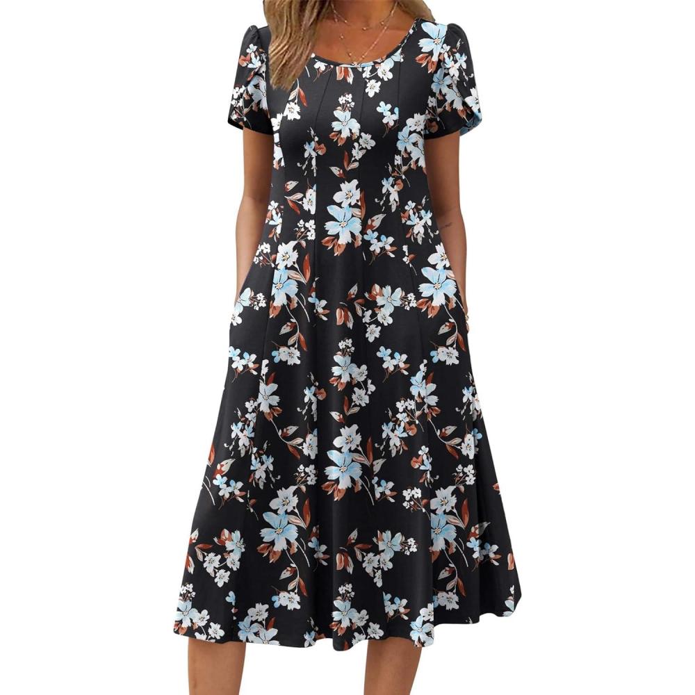 imageZEAGOO Womens Casual Dresses for Summer Short Sleeve Flare Midi Dress Loose Flowy Beach SundressBlack Flower