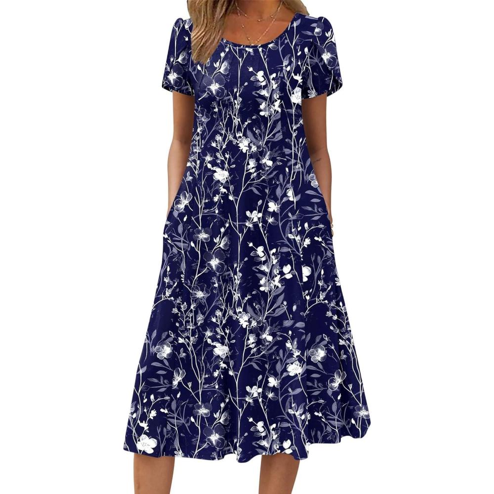 imageZEAGOO Womens Casual Dresses for Summer Short Sleeve Flare Midi Dress Loose Flowy Beach SundressBnavy Floral 02