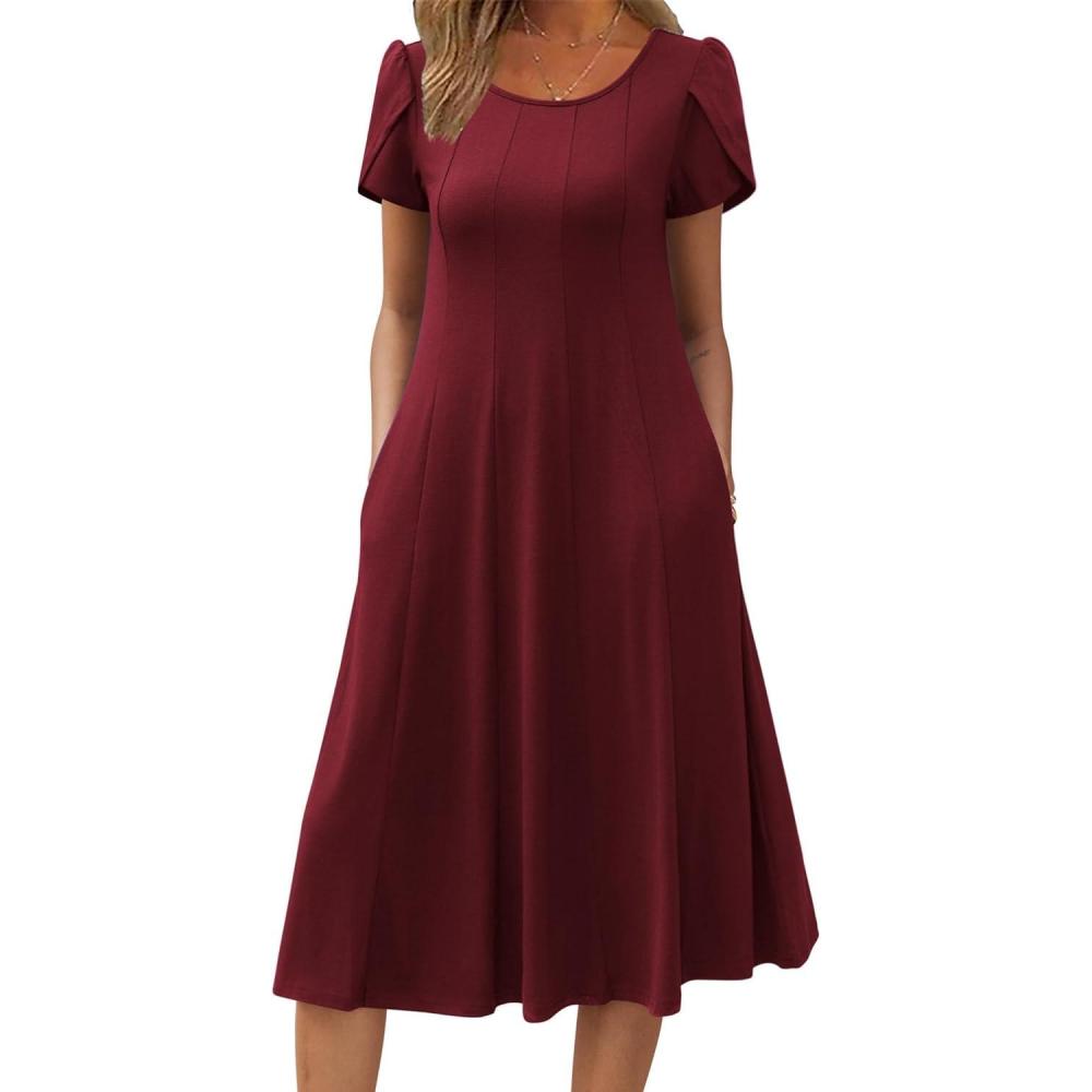 imageZEAGOO Womens Casual Dresses for Summer Short Sleeve Flare Midi Dress Loose Flowy Beach SundressBurgundy