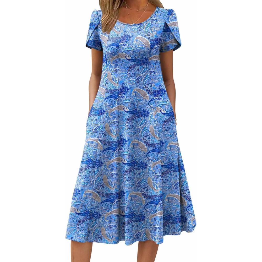 imageZEAGOO Womens Casual Dresses for Summer Short Sleeve Flare Midi Dress Loose Flowy Beach SundressCashew Blue Print
