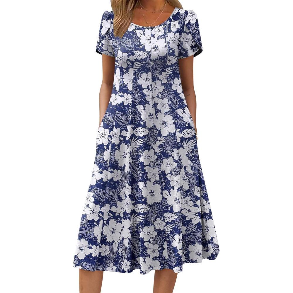 imageZEAGOO Womens Casual Dresses for Summer Short Sleeve Flare Midi Dress Loose Flowy Beach SundressDeep Blue Flower