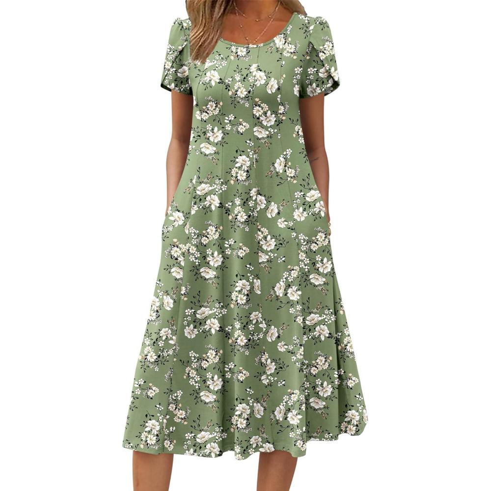imageZEAGOO Womens Casual Dresses for Summer Short Sleeve Flare Midi Dress Loose Flowy Beach SundressGreen Floral