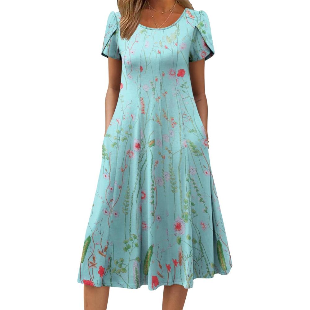 imageZEAGOO Womens Casual Dresses for Summer Short Sleeve Flare Midi Dress Loose Flowy Beach SundressGreen Flower