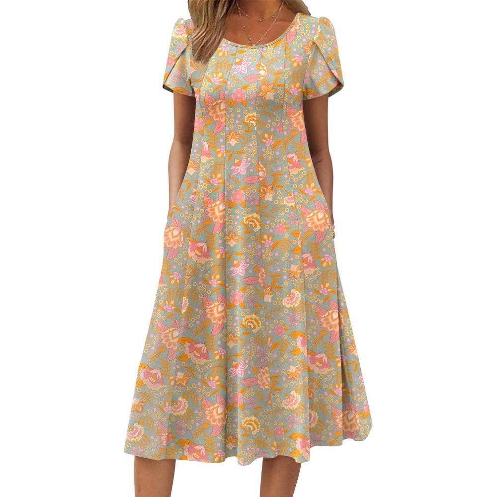 imageZEAGOO Womens Casual Dresses for Summer Short Sleeve Flare Midi Dress Loose Flowy Beach SundressGreygreen