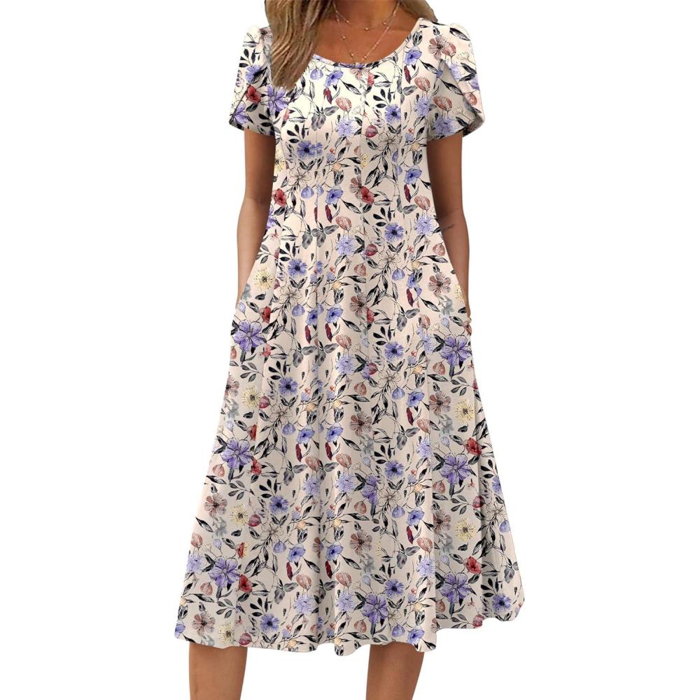 imageZEAGOO Womens Casual Dresses for Summer Short Sleeve Flare Midi Dress Loose Flowy Beach SundressIvory Floral 01