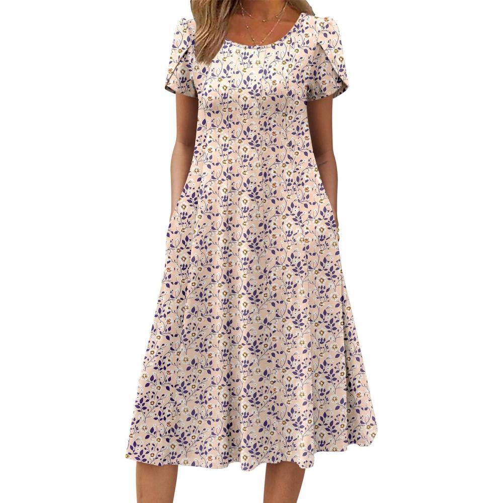 imageZEAGOO Womens Casual Dresses for Summer Short Sleeve Flare Midi Dress Loose Flowy Beach SundressIvory Floral 02