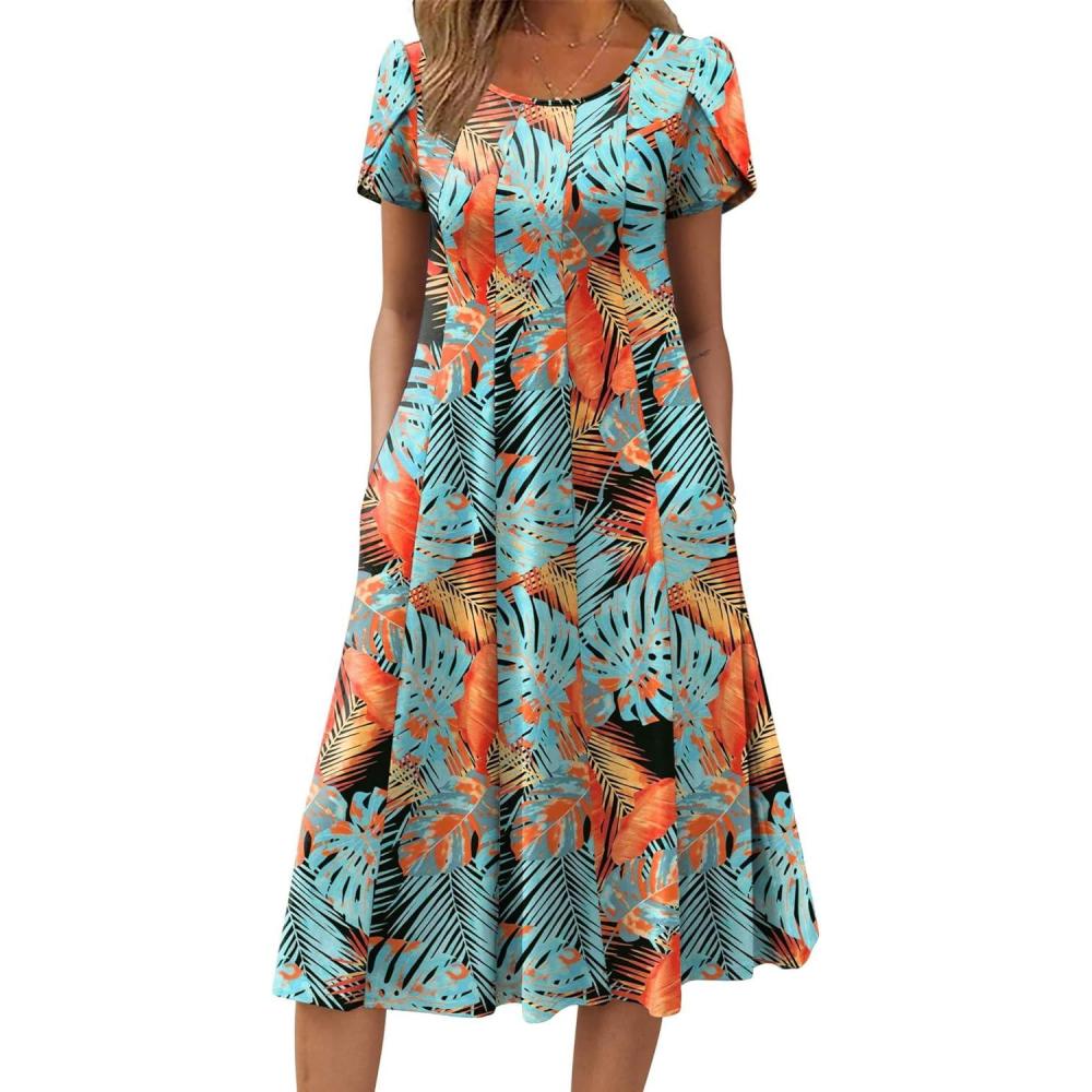 imageZEAGOO Womens Casual Dresses for Summer Short Sleeve Flare Midi Dress Loose Flowy Beach SundressLeaf Print