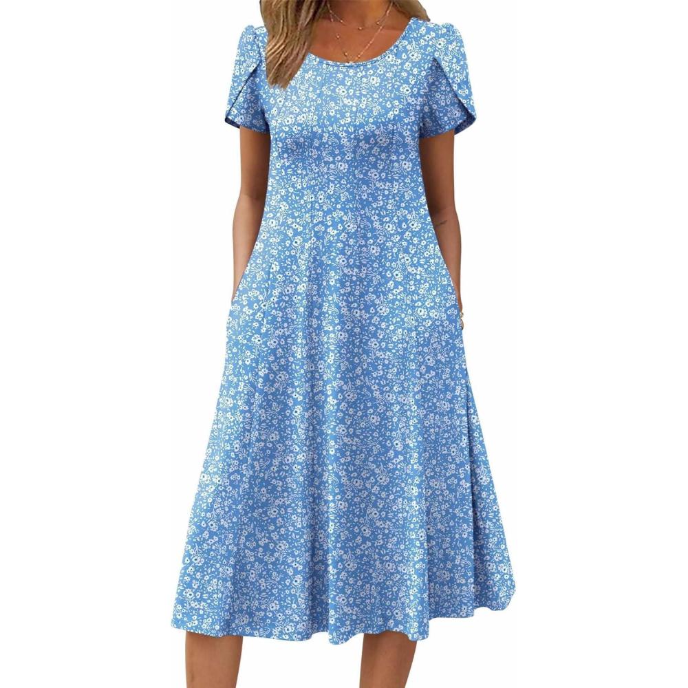 imageZEAGOO Womens Casual Dresses for Summer Short Sleeve Flare Midi Dress Loose Flowy Beach SundressLight Blue Floral