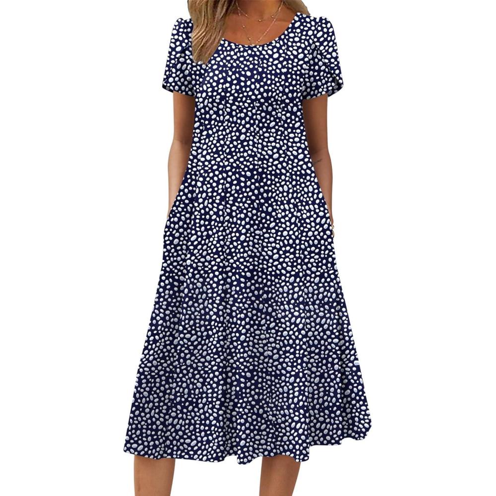 imageZEAGOO Womens Casual Dresses for Summer Short Sleeve Flare Midi Dress Loose Flowy Beach SundressNavy Dot
