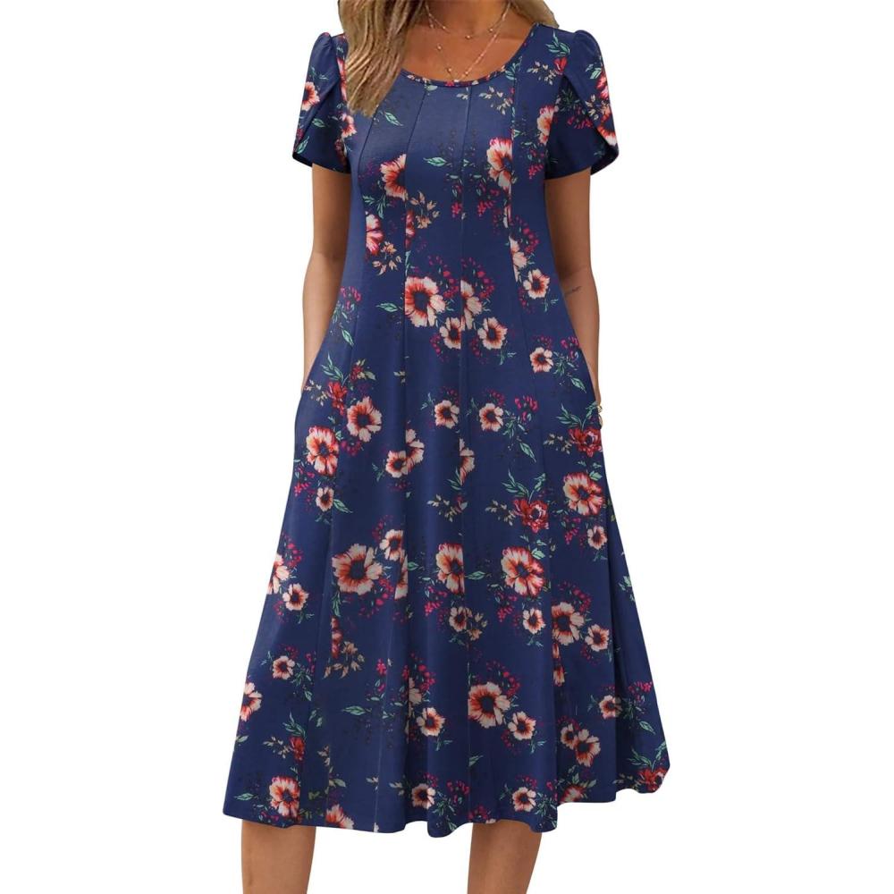 imageZEAGOO Womens Casual Dresses for Summer Short Sleeve Flare Midi Dress Loose Flowy Beach SundressNavy Flower