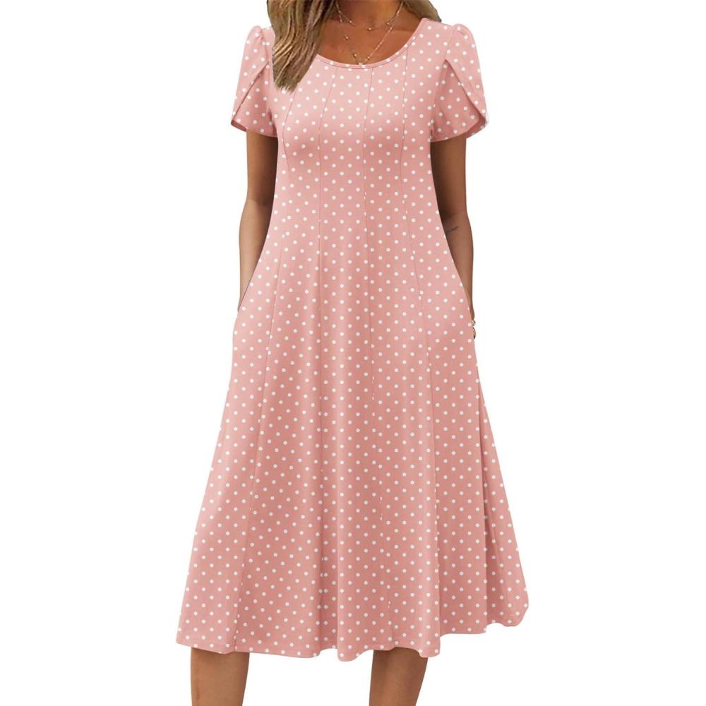 imageZEAGOO Womens Casual Dresses for Summer Short Sleeve Flare Midi Dress Loose Flowy Beach SundressPink Dot