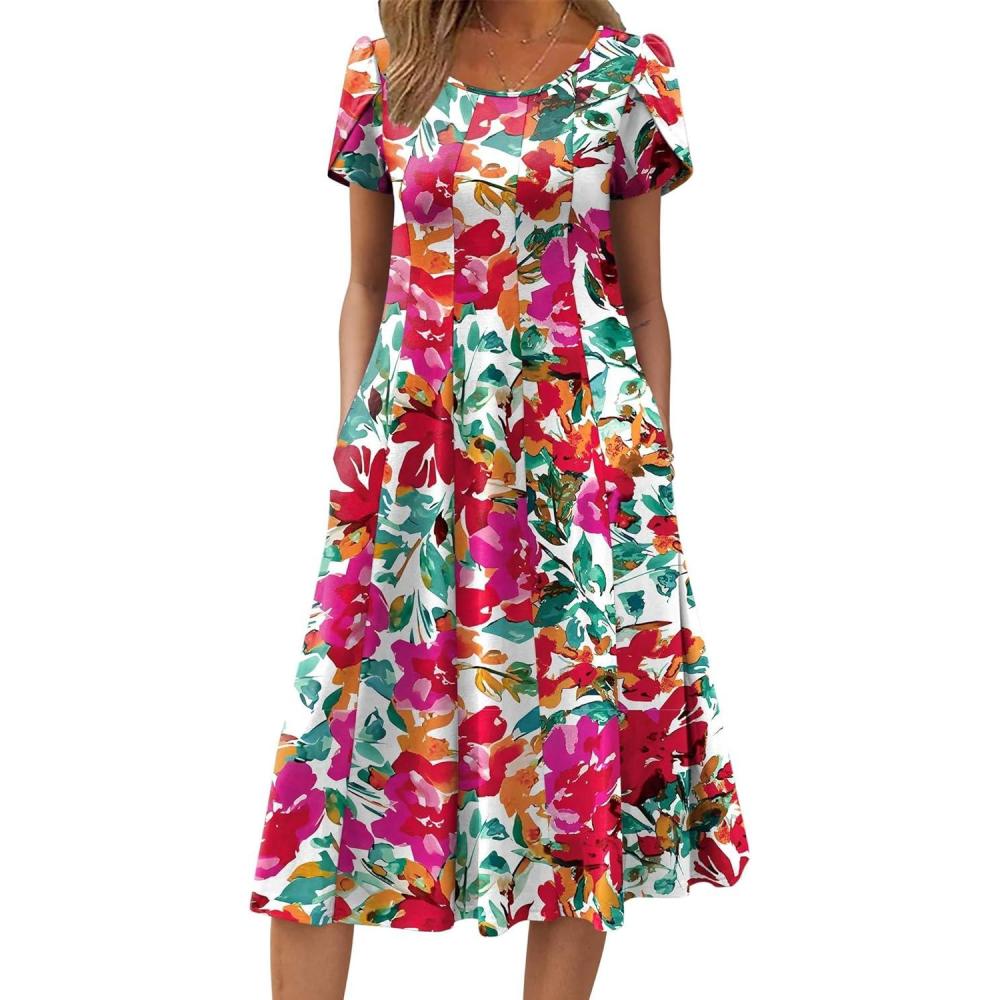 imageZEAGOO Womens Casual Dresses for Summer Short Sleeve Flare Midi Dress Loose Flowy Beach SundressPink Floral