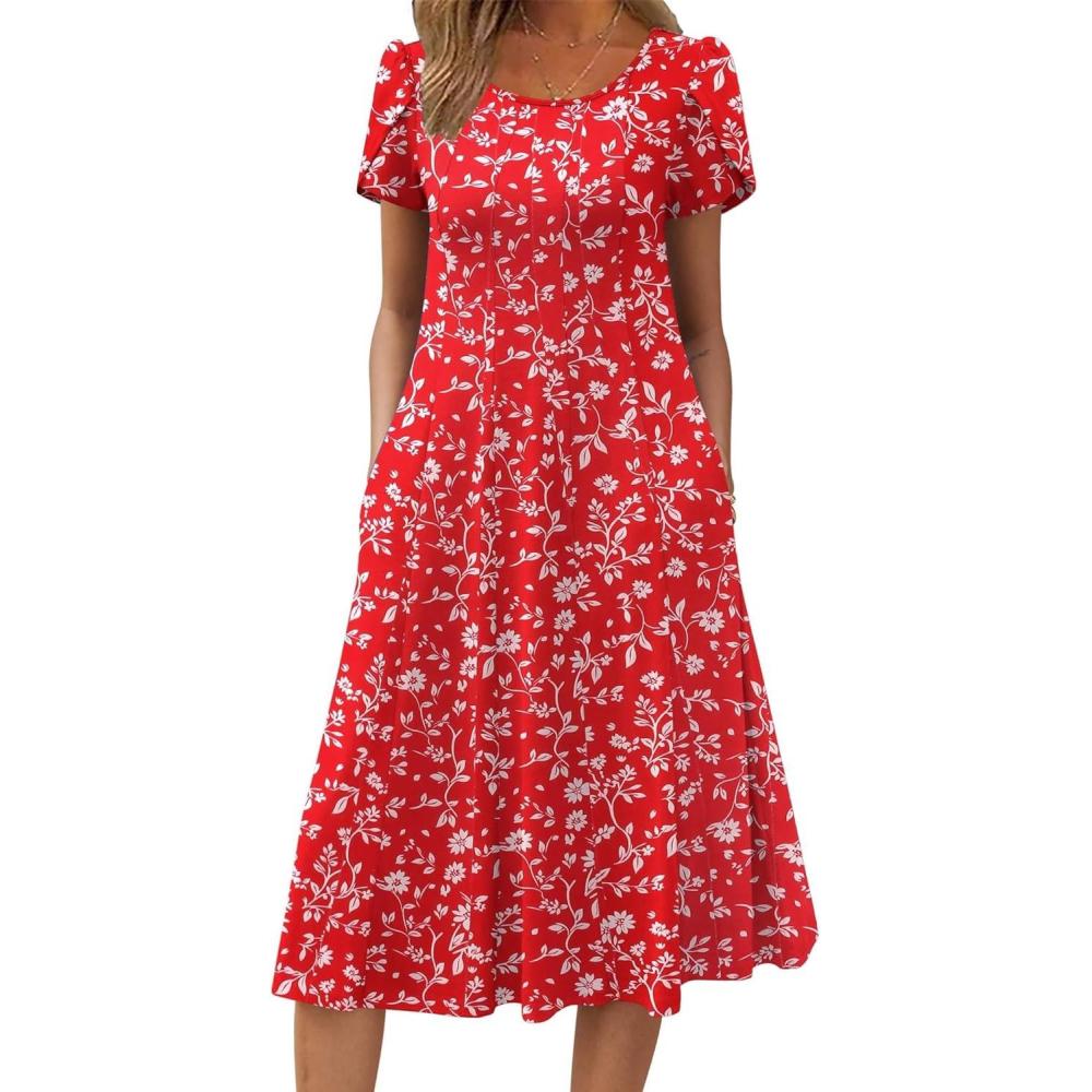 imageZEAGOO Womens Casual Dresses for Summer Short Sleeve Flare Midi Dress Loose Flowy Beach SundressRed Floral