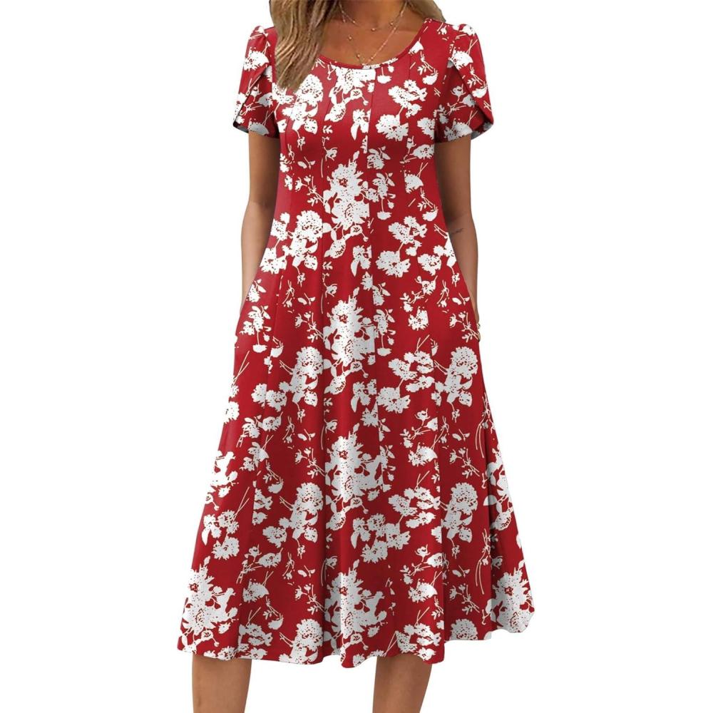 imageZEAGOO Womens Casual Dresses for Summer Short Sleeve Flare Midi Dress Loose Flowy Beach SundressRed Flower