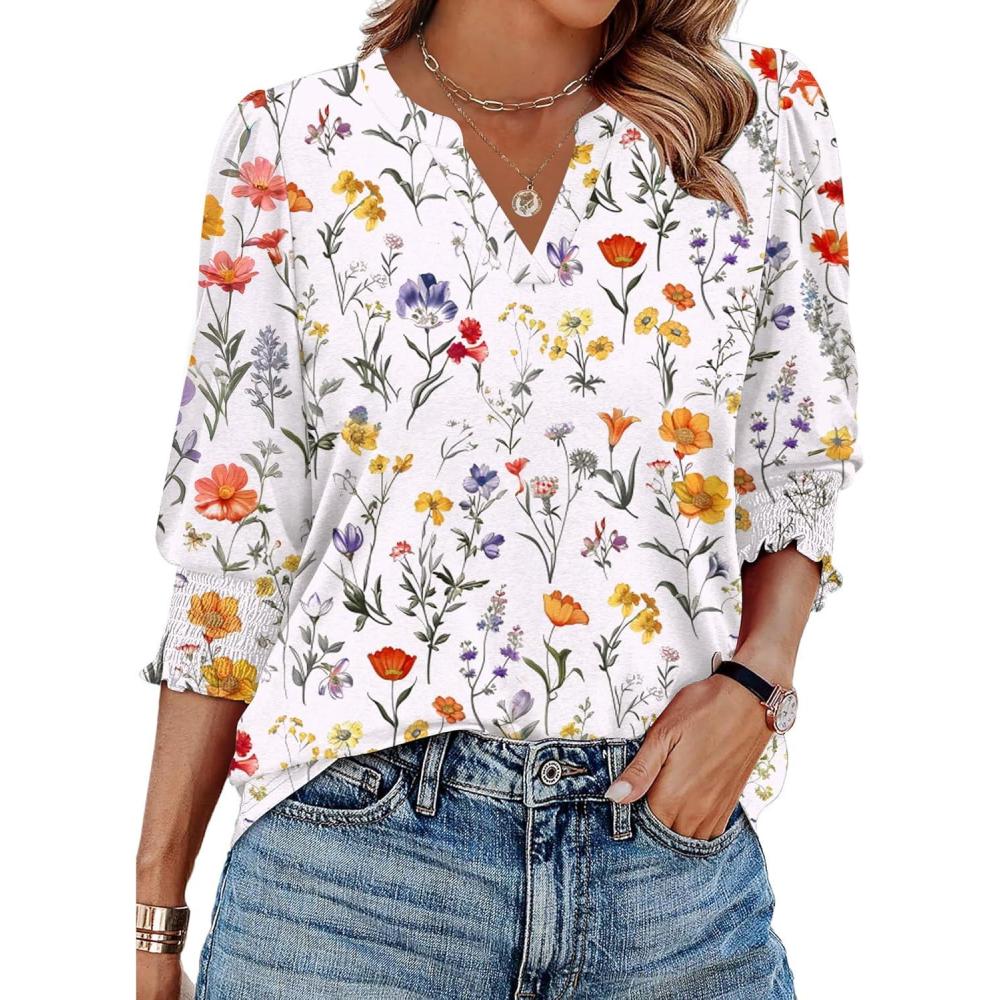 imageZeagoo 34 Length Sleeve Womens Tops 2025 Floral Womens Blouses V Neck TunicTops with Smocked CuffsColorful Flowers