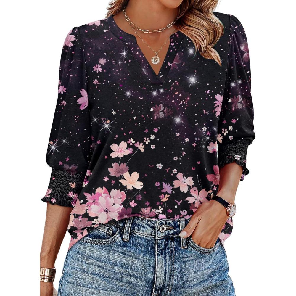 imageZeagoo 34 Length Sleeve Womens Tops 2025 Floral Womens Blouses V Neck TunicTops with Smocked CuffsPink Flowers