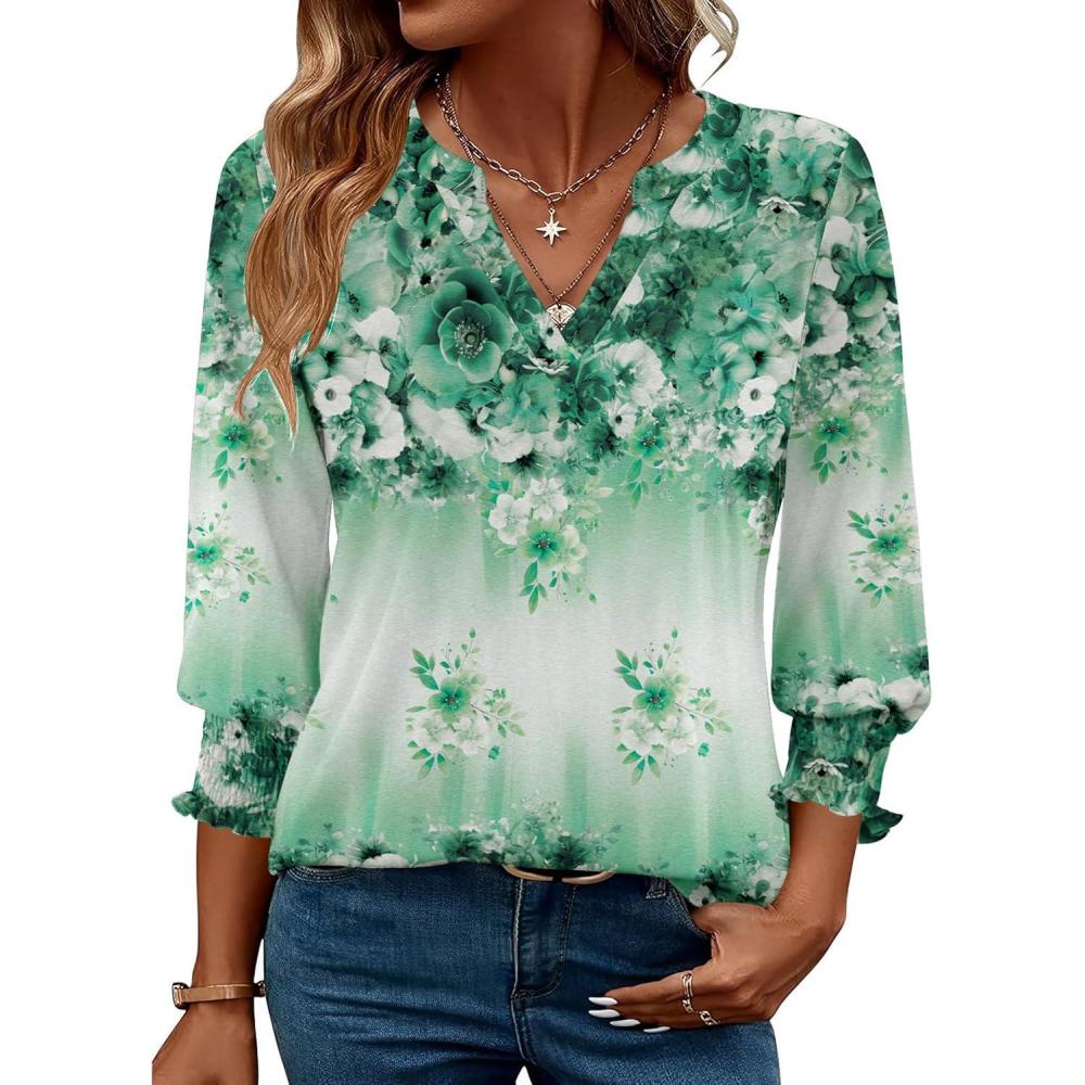imageZeagoo 34 Length Sleeve Womens Tops 2025 Floral Womens Blouses V Neck TunicTops with Smocked CuffsPrint195