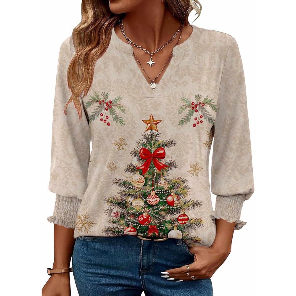 imageZeagoo 34 Length Sleeve Womens Tops 2025 Floral Womens Blouses V Neck TunicTops with Smocked CuffsPrint505