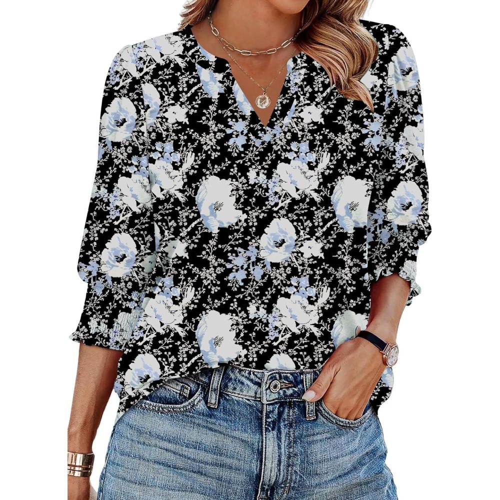imageZeagoo 34 Length Sleeve Womens Tops 2025 Floral Womens Blouses V Neck TunicTops with Smocked CuffsPrint506