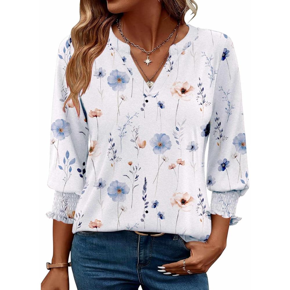 imageZeagoo 34 Length Sleeve Womens Tops 2025 Floral Womens Blouses V Neck TunicTops with Smocked CuffsPrintbf290