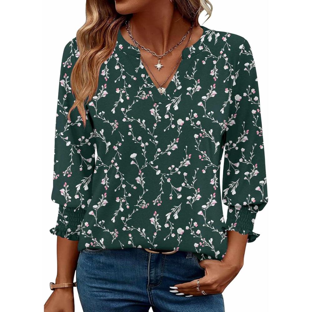 imageZeagoo 34 Length Sleeve Womens Tops 2025 Floral Womens Blouses V Neck TunicTops with Smocked CuffsPrintbf320
