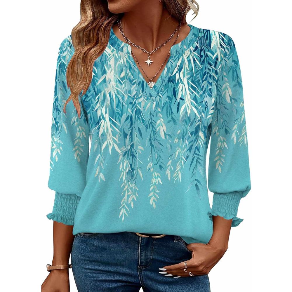 imageZeagoo 34 Length Sleeve Womens Tops 2025 Floral Womens Blouses V Neck TunicTops with Smocked CuffsPrintfp18