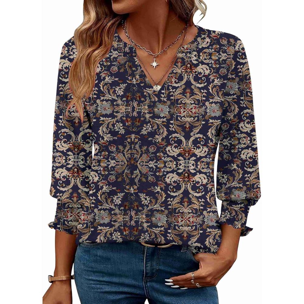 imageZeagoo 34 Length Sleeve Womens Tops 2025 Floral Womens Blouses V Neck TunicTops with Smocked CuffsPrintmz869