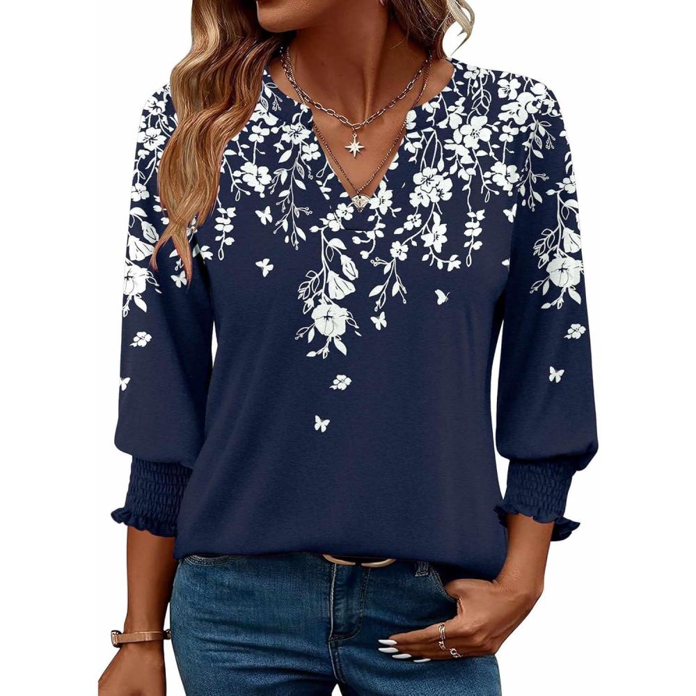 imageZeagoo 34 Length Sleeve Womens Tops 2025 Floral Womens Blouses V Neck TunicTops with Smocked CuffsPrintsf103