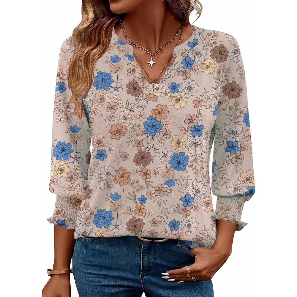 imageZeagoo 34 Length Sleeve Womens Tops 2025 Floral Womens Blouses V Neck TunicTops with Smocked CuffsPrintsf170