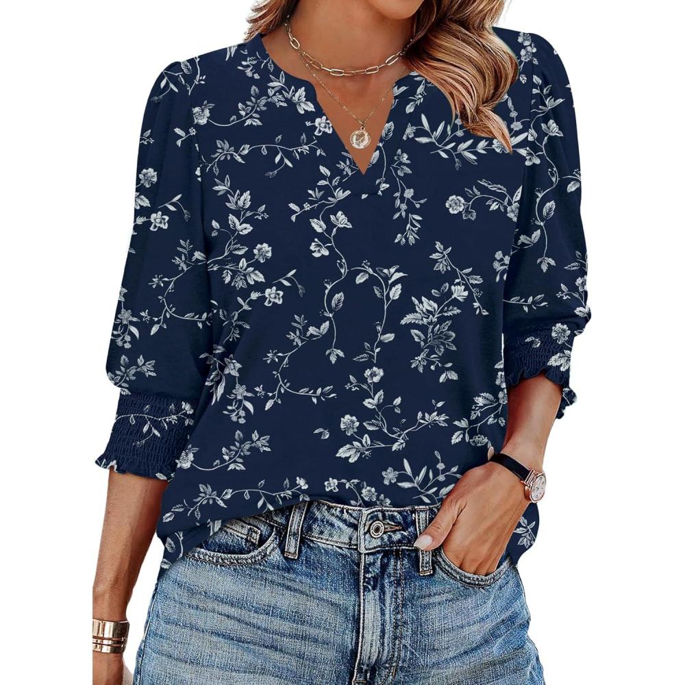 imageZeagoo 34 Length Sleeve Womens Tops 2025 Floral Womens Blouses V Neck TunicTops with Smocked CuffsPrintsf218